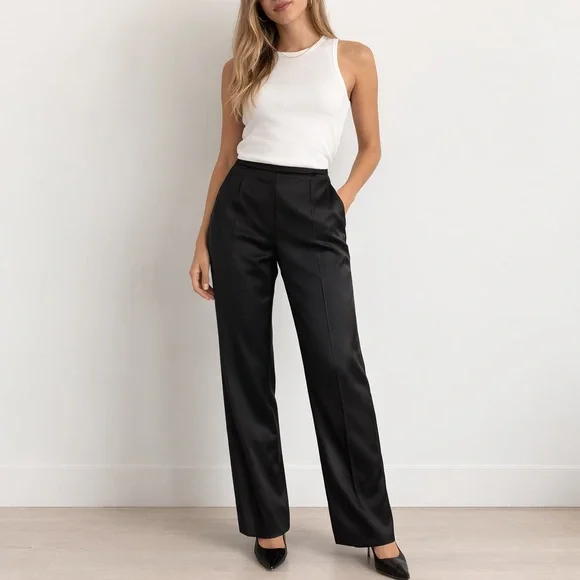 Black Satin Dress Pants Vintage Style Straight Leg Minimalist High Waist - Picture 1 of 12